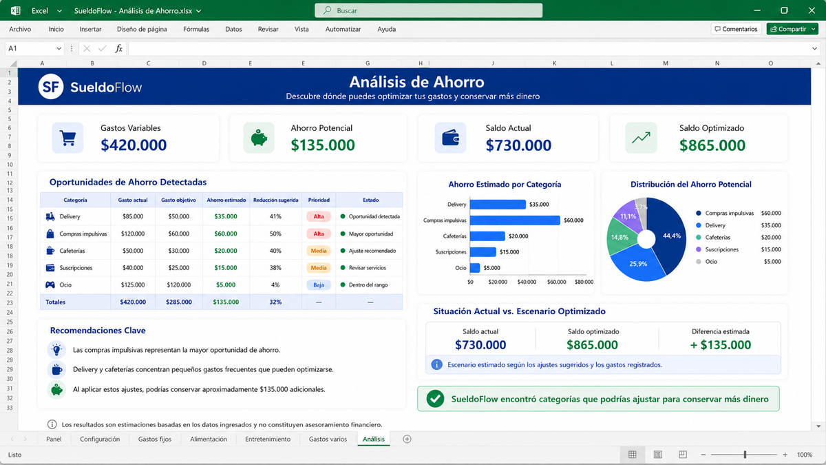 Análisis estimado de oportunidades de ahorro de SueldoFlow organizado por categorías.